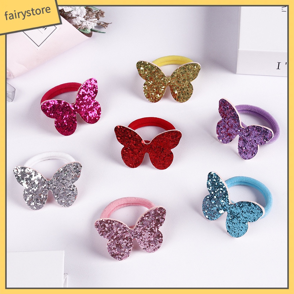 Set 7 Dây Cột Tóc Co Giãn Đính Kim Sa Hình Bướm Cho Bé Gái