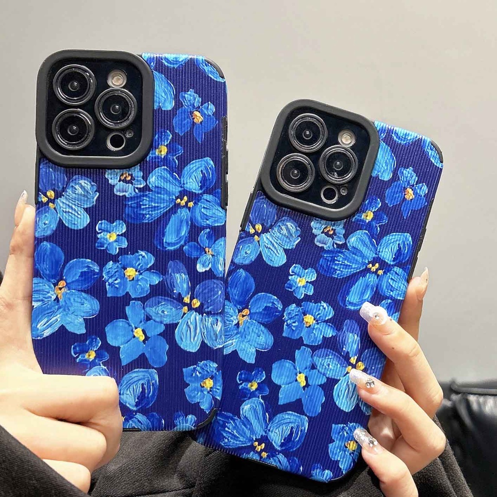 Ốp Điện Thoại Chống Sốc Bảo Vệ Ống Kính Họa Tiết Hoa Màu Xanh Dương Cho iPhone 11 Pro Max 12 13promax 14 XS XSMAX 7P 8P