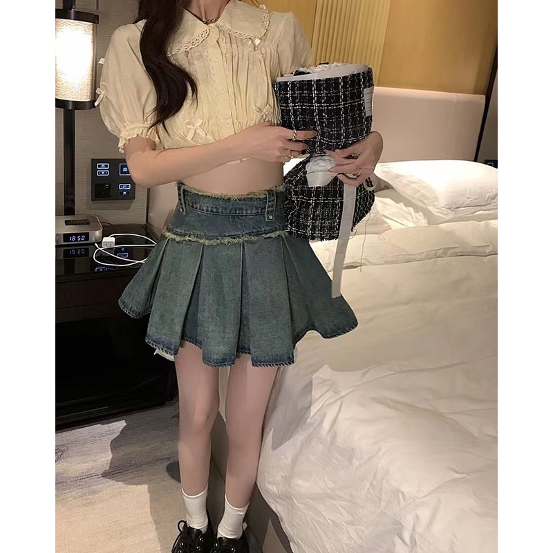 Y2k Chân Váy Jean Denim Lưng Cao Dáng Chữ a Xếp Ly Thời Trang Mùa Hè Xinh Xắn Cho Nữ