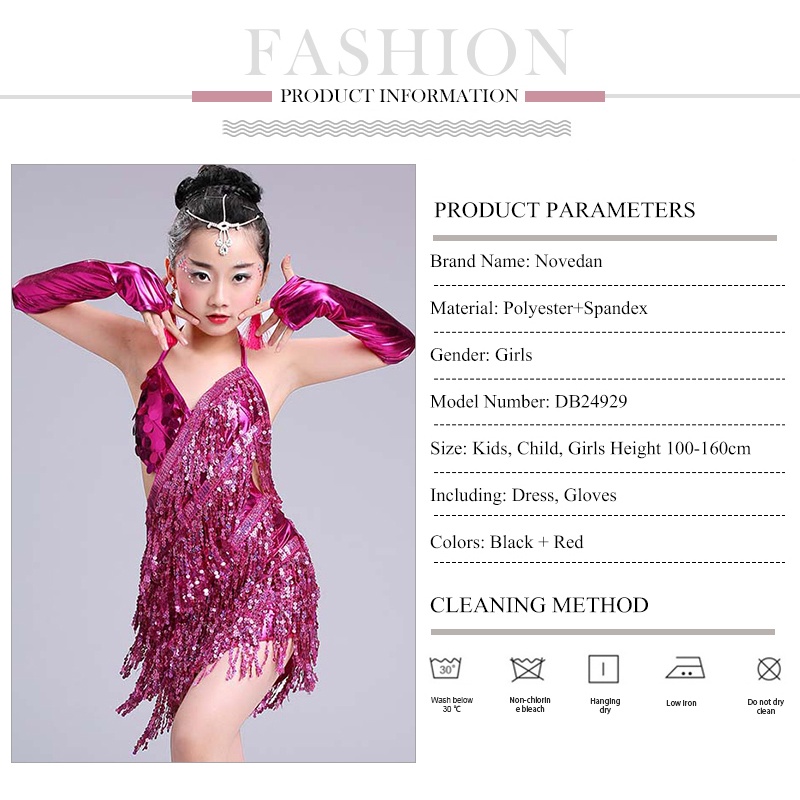 Đầm Khiêu Vũ Latin Đính Kim Sa Tua Rua Màu Đỏ Cho Bé Gái