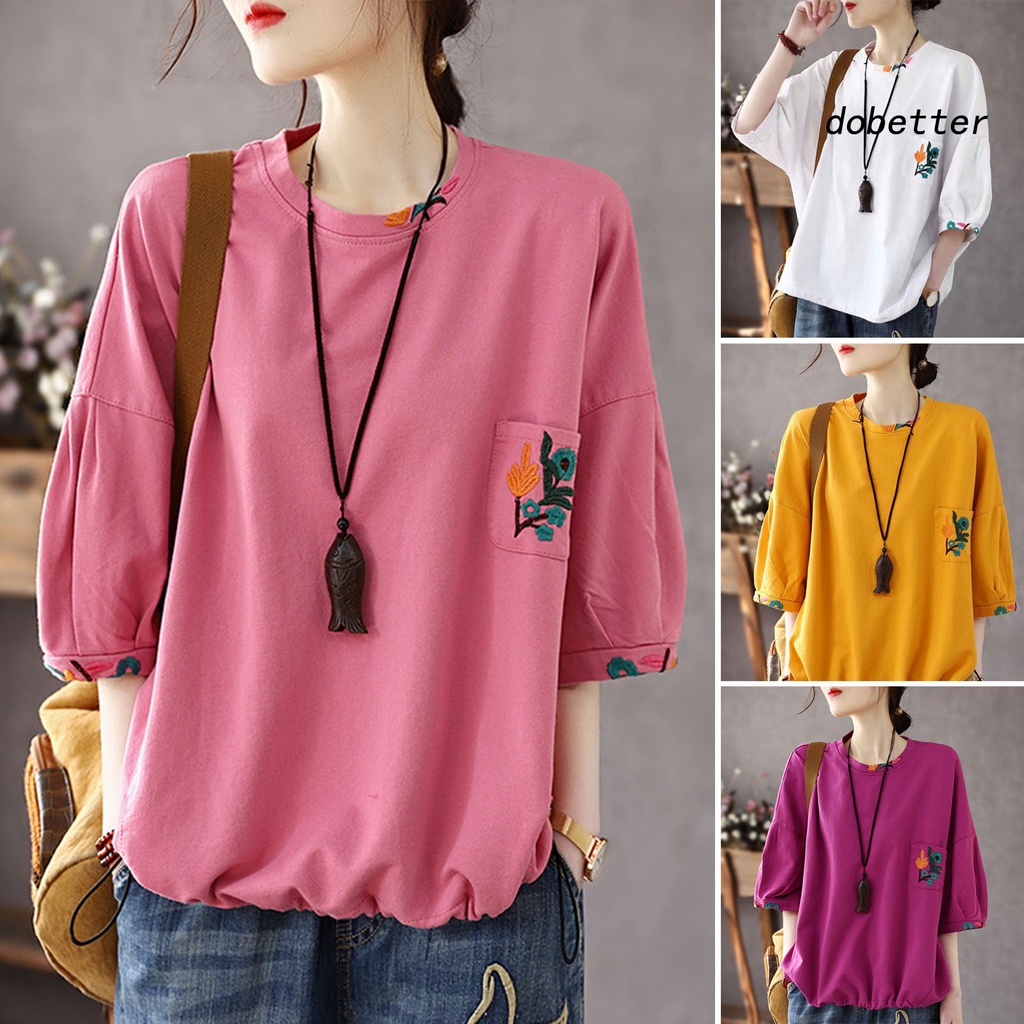 [DO] Áo Thun Tay Lỡ Đèn Lồng Thêu Hoa Mỏng Vừa Vặn Đường Phố Có Túi Thu Gọn Được Cho Nữ