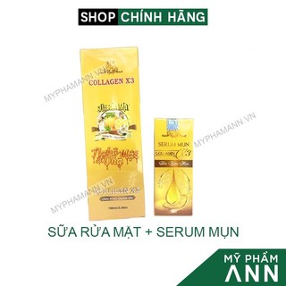 Combo Sữa Rửa Mặt Collagen X3 và Serum Mụn Colagen X3 chính hãng Mỹ Phẩm Đông Anh