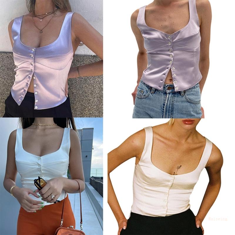 Áo Croptop Không Tay Cổ Vuông Cài Nút Mềm Mại Thời Trang Mùa Hè Quyến Rũ Cho Nữ