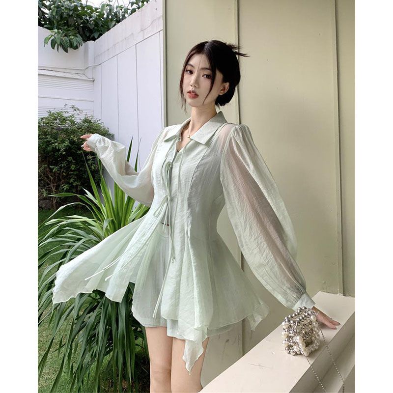 Bộ Áo Sơ Mi Mỏng Nhẹ Trong Suốt Chống Nắng Phối Quần Short Thời Trang Xinh Xắn Cho Nữ 6.27