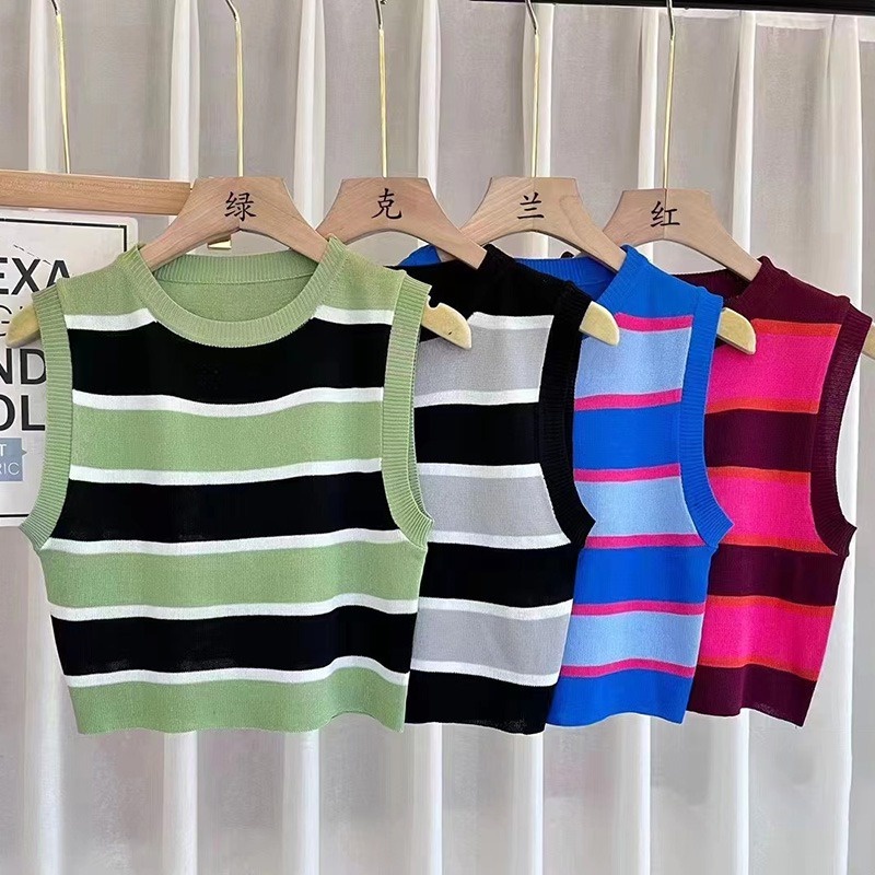 Áo Tank Top Hai Dây Cổ Tròn Họa Tiết Kẻ Sọc Phong Cách Hàn Quốc Thời Trang Quyến Rũ Cho Nữ