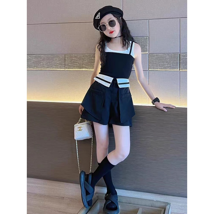 ✨Bộ Áo Thun cotton Không Tay + Quần Short Lưng Cao Thời Trang Mùa Hè Hàn Quốc Cho Bé Gái 3-14 Tuổi