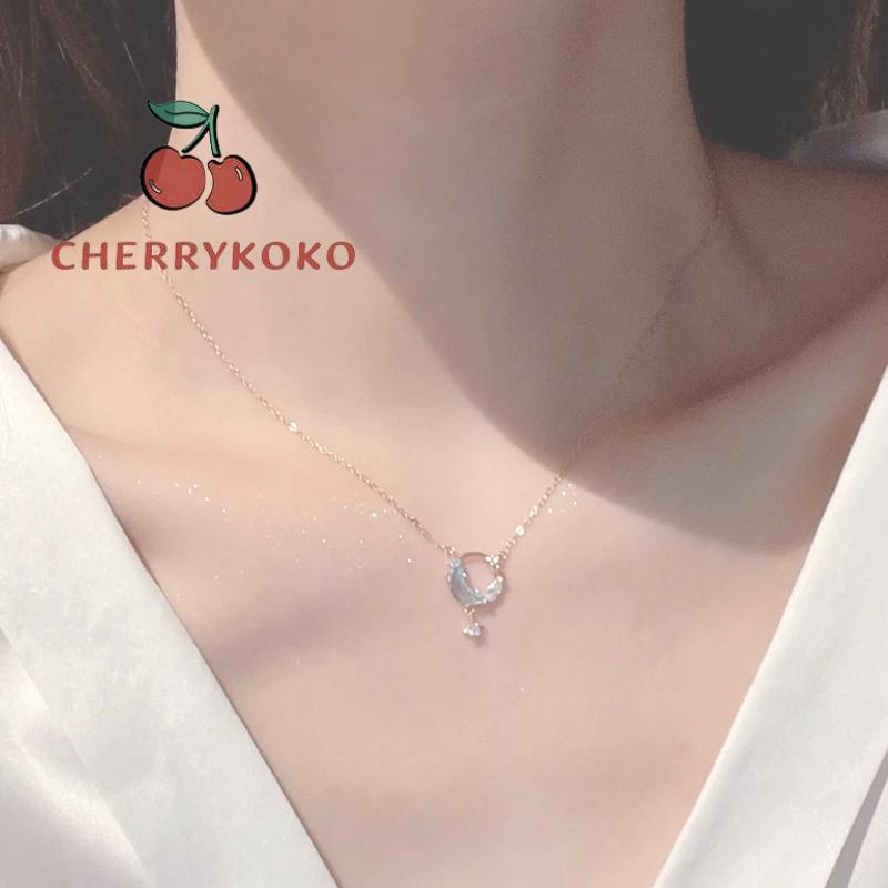 🍒🍒CHERRYKOKO Vòng cổ Mạ Bạc Mặt Trăng Và Ngôi Sao Đính Đá Zircon Xanh