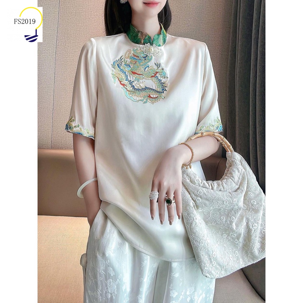 Áo Sơ Mi Lụa Thêu Họa Tiết Phong Cách tang Cổ Điển Thời Trang Cho Nữ