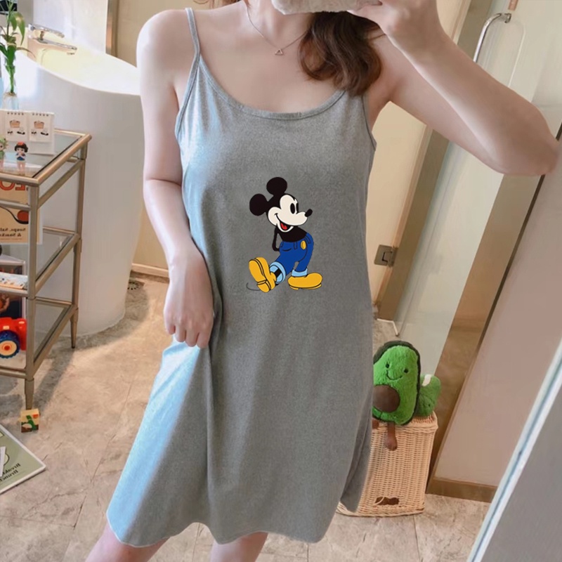Đầm Ngủ Hai Dây Bằng Lụa In Hoạt Hình Mickey Thời Trang Mùa Hè Quyến Rũ Cho Nữ