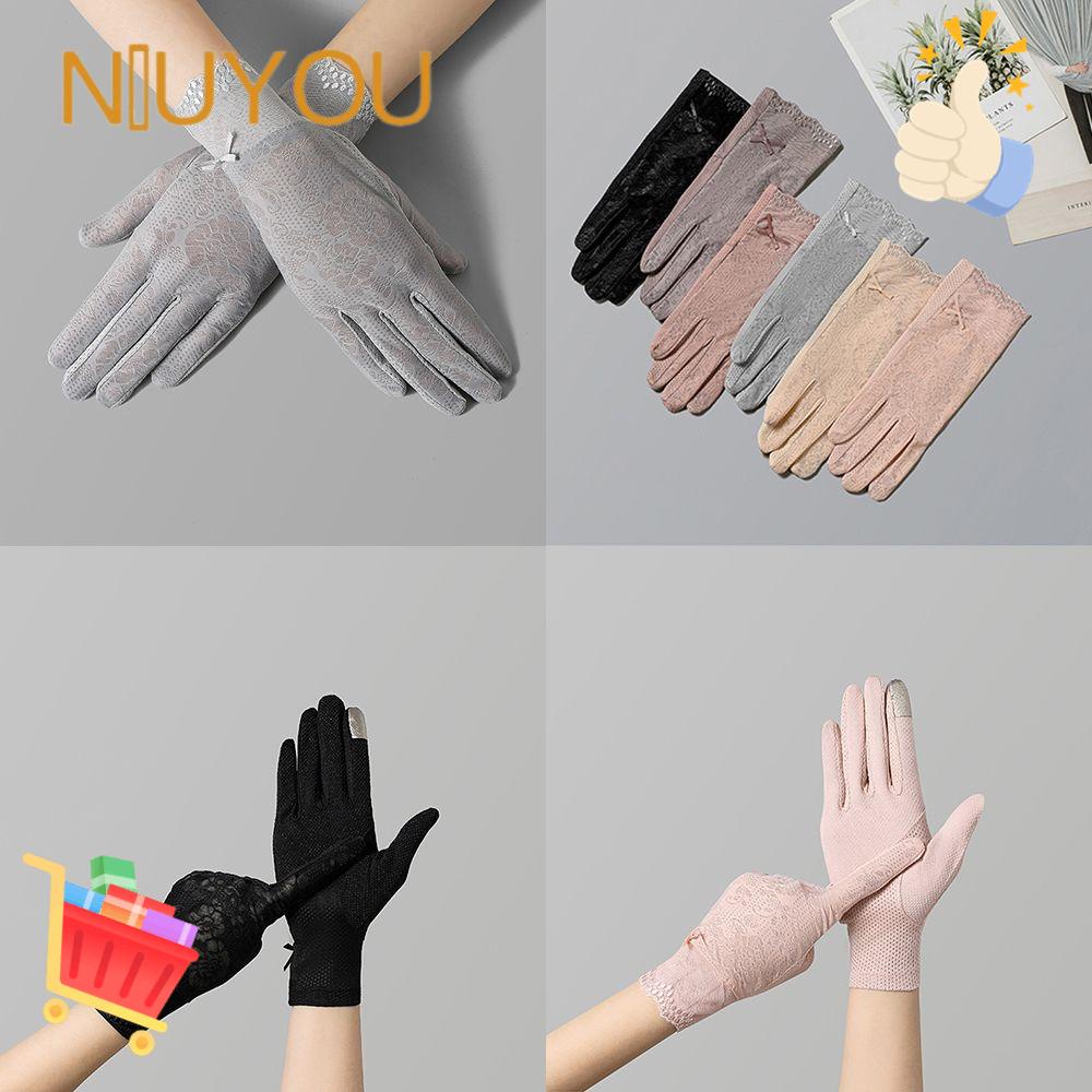 Găng Tay Chống Nắng Tia UV Vải Lụa Lạnh Mỏng Phối Ren Chạm Cảm Ứng Cho Nữ