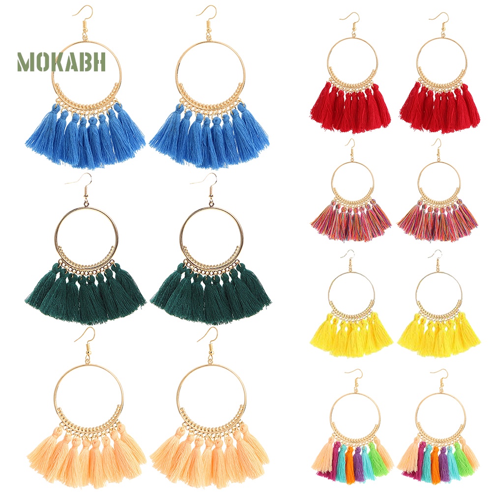 Bông Tai Móc Hình Tròn Lớn Phối Tua Rua Phong Cách Vintage Thời Trang Cho Nữ