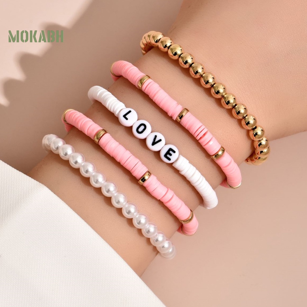5 Vòng Tay Hạt Đất Sét Polymer Nhiều Màu Sắc Họa Tiết Chữ Love Phong Cách Bohemian