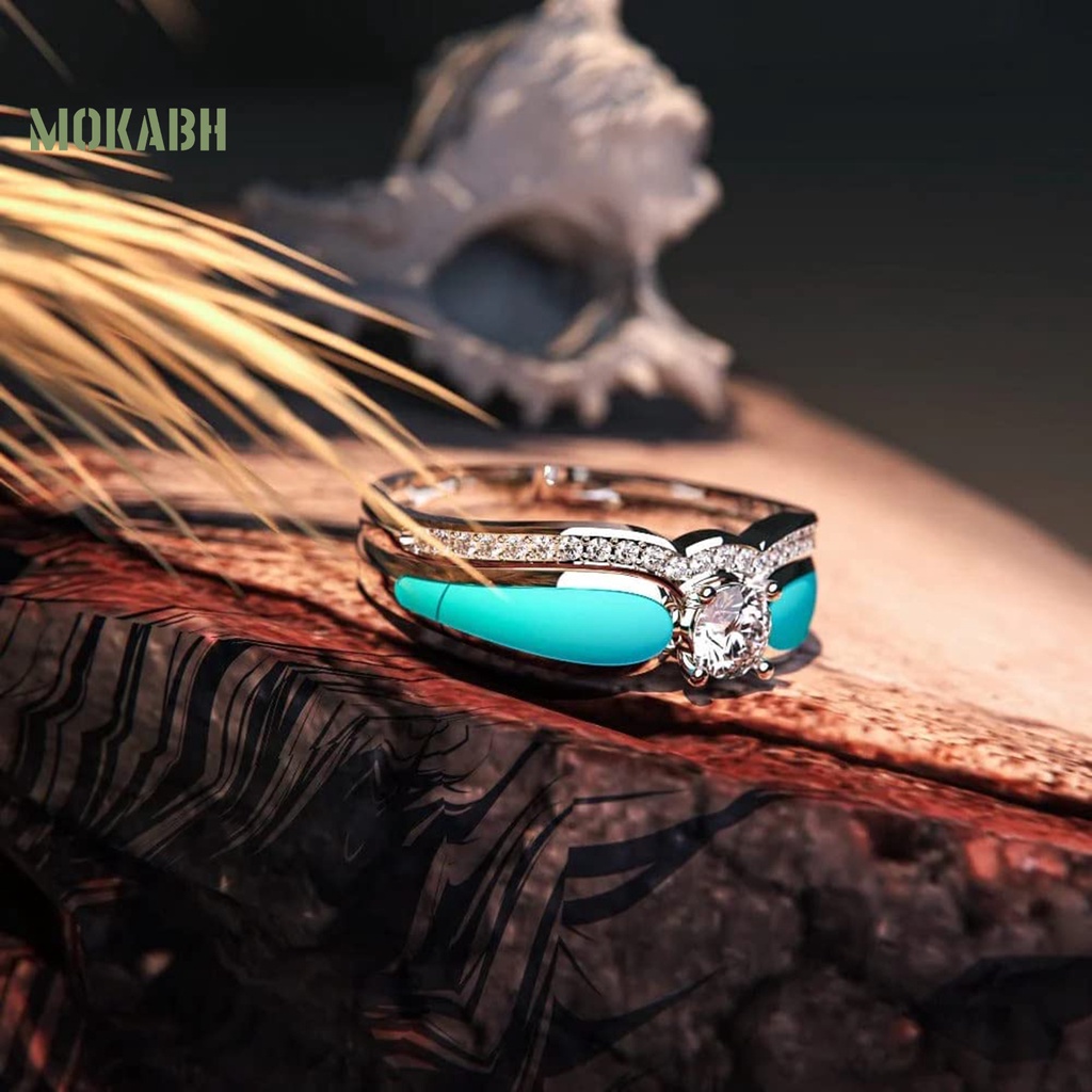 [Mok Abh] Nhẫn Đính Đá Ngọc Lam Giả Hình Sóng Biển Hai Lớp Không Gây Dị Ứng Có Thể Tháo Rời Thời Trang Thanh Lịch Cho Nữ