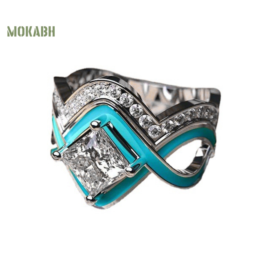 [Mok Abh] Nhẫn Hai Lớp Đính Đá Ngọc Lam Nhân Tạo Hình Sóng Biển Phong Cách Vintage Cho Nữ