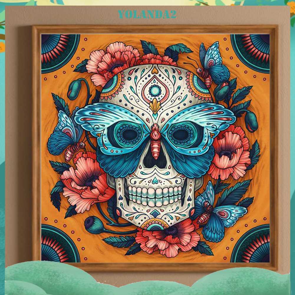 Tranh Đính Đá Kim Cương Toàn Bộ 5D DIY Hình Đầu Lâu Và Hoa