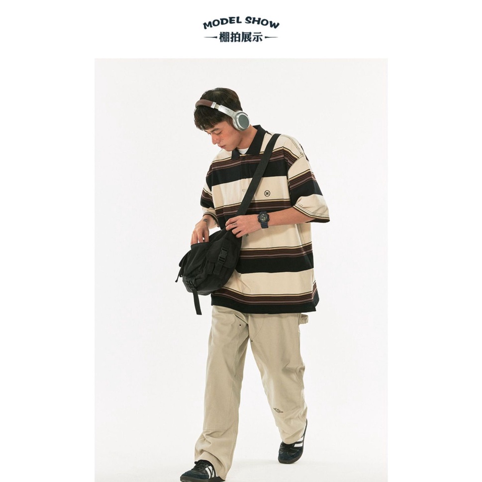 Áo Thun polo Ngắn Tay Form Rộng Họa Tiết Kẻ Sọc Màu Sắc Tương Phản Phong Cách Hong Kong Cho Nam