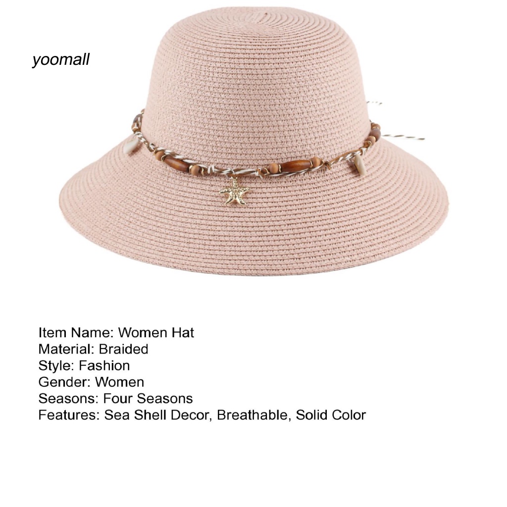 Mũ Vành Tròn Màu Trơn Trang Trí Vỏ Sò Đi Biển Thời Trang Cho Nữ