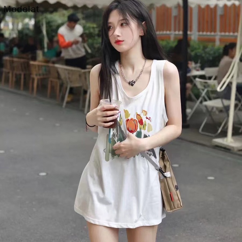 Áo Sát Nách Cổ Tròn Dáng Rộng In Họa Tiết Kiểu Retro Mỹ Thời Trang Mùa Hè Cho Bạn Gái