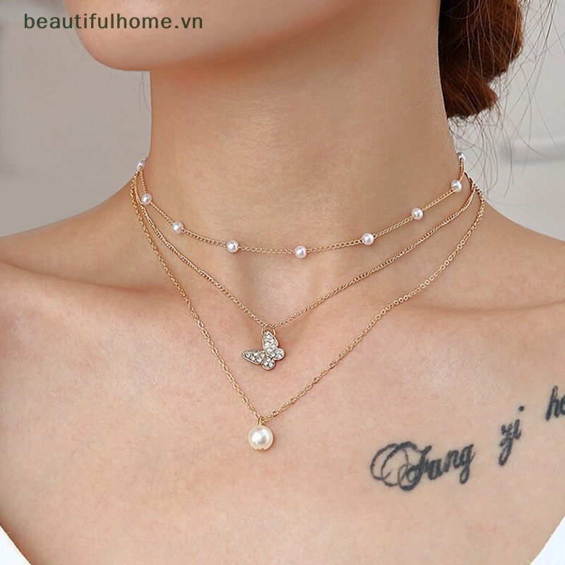 [beautifulhome] Vòng Cổ Choker Nhiều Lớp Mặt Hình Bướm Và Ngọc Trai Trang Nhã Dành Cho Nữ [beauty]