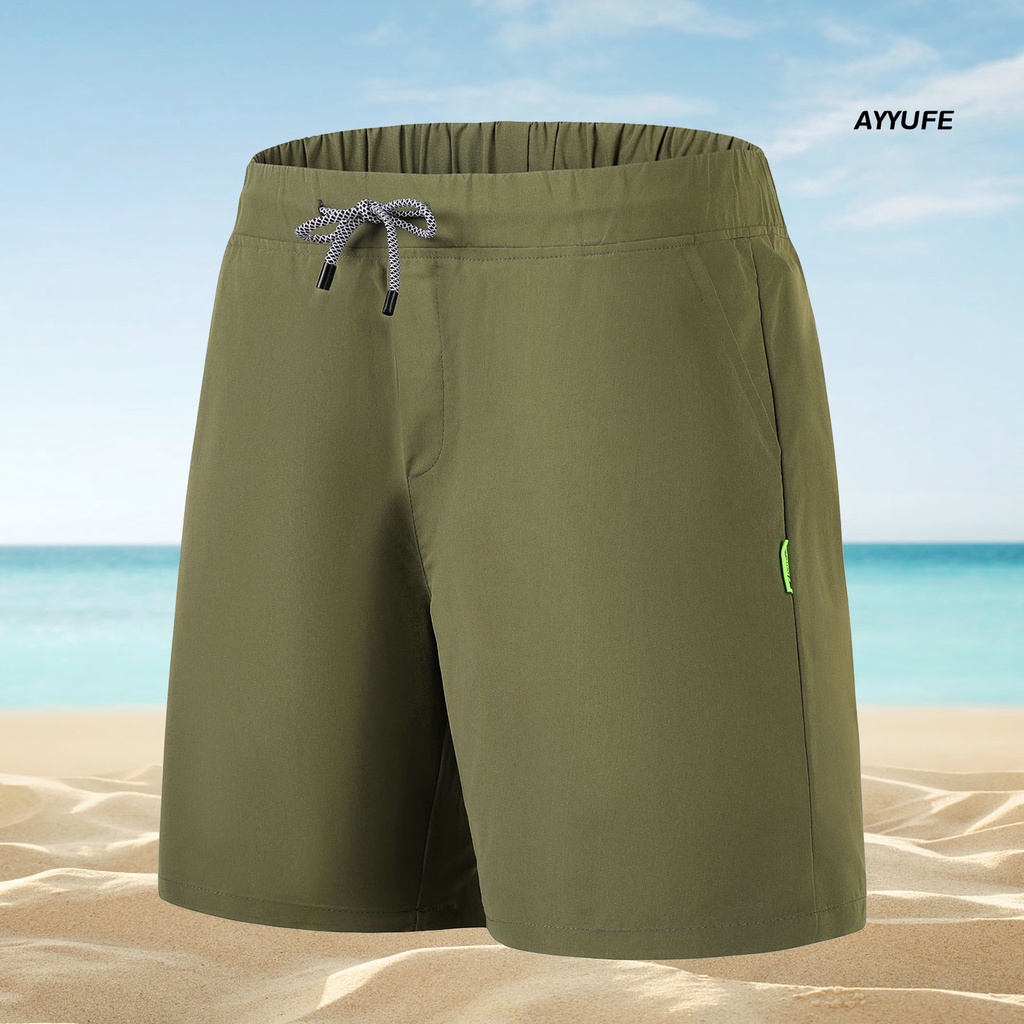 [AYYUFE] Quần Short Lưng Thun Rút Dây Ôm Dáng Co Giãn Khô Nhanh Thoáng Khí Dài Đến Đầu Gối Màu Trơn Cho Nam Đi Biển / Tập Bơ