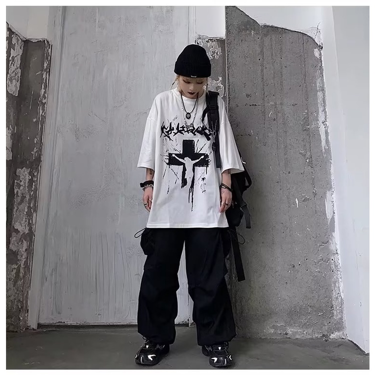 Áo Thun Tay Lỡ Dáng Rộng In Chữ Thập Phong Cách Đường Phố Thời Trang Mùa Hè Cho Nam