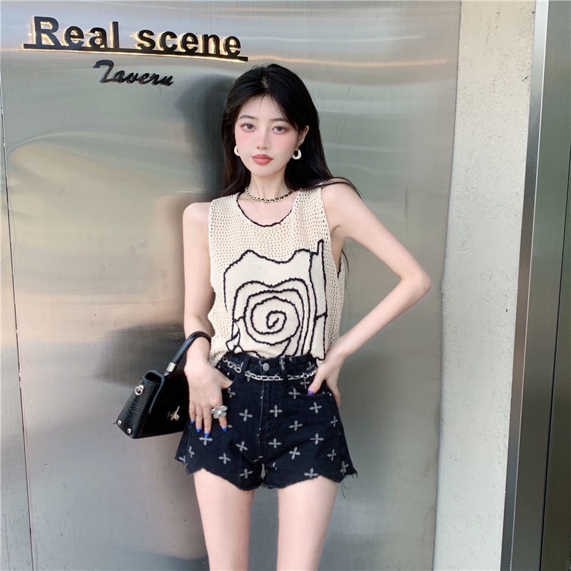 Jiashucheng Áo Dệt Kim Không Tay Thêu Họa Tiết Rỗng Phối Dây Xích Kiểu Pháp Thời Trang Mùa Hè Cho Nữ