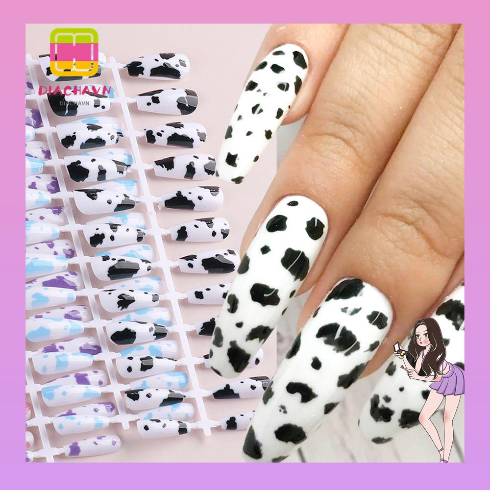 Hộp 24 Móng Tay Giả Che Phủ Toàn Diện In Họa Tiết Da Báo / Bò Sữa