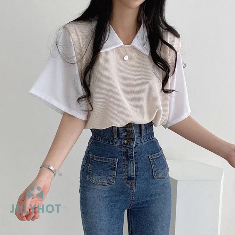 Mùa Hè Mát Mẻ Giả Hai Mảnh Ngắn Tay Áo T-Shirt Preppy Phong Cách Phụ Nữ Ve Áo Lỏng Lẻo Giản Dị T-Shirt VN