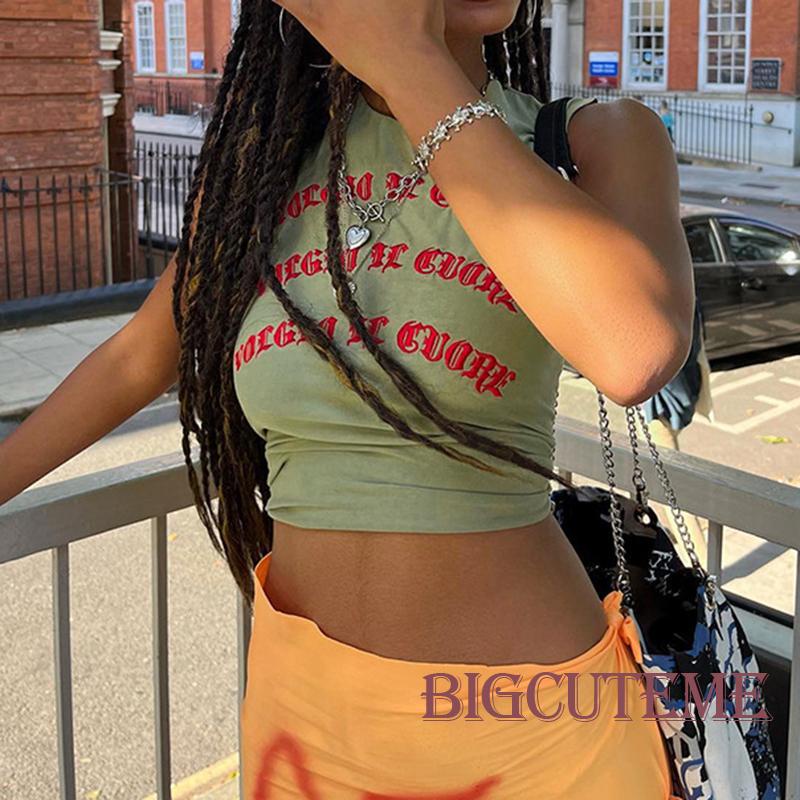 [] Áo Tank Top Không Tay Cổ Thuyền In Chữ Phong Cách Retro Cho Nữ