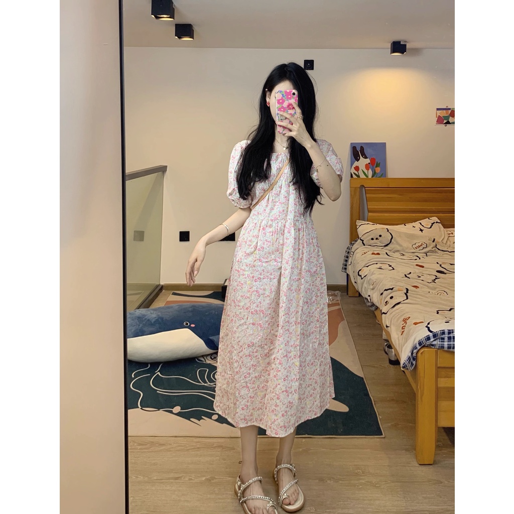 Đầm Hồng Chiết Eo Họa Tiết Hoa Ngọt Ngào Phong Cách Hàn Quốc