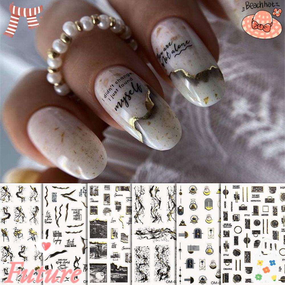 Set 12 Nhãn Dán Móng Tay Tự Dính Họa Tiết Đá Hoa Cương Phong Cách Retro