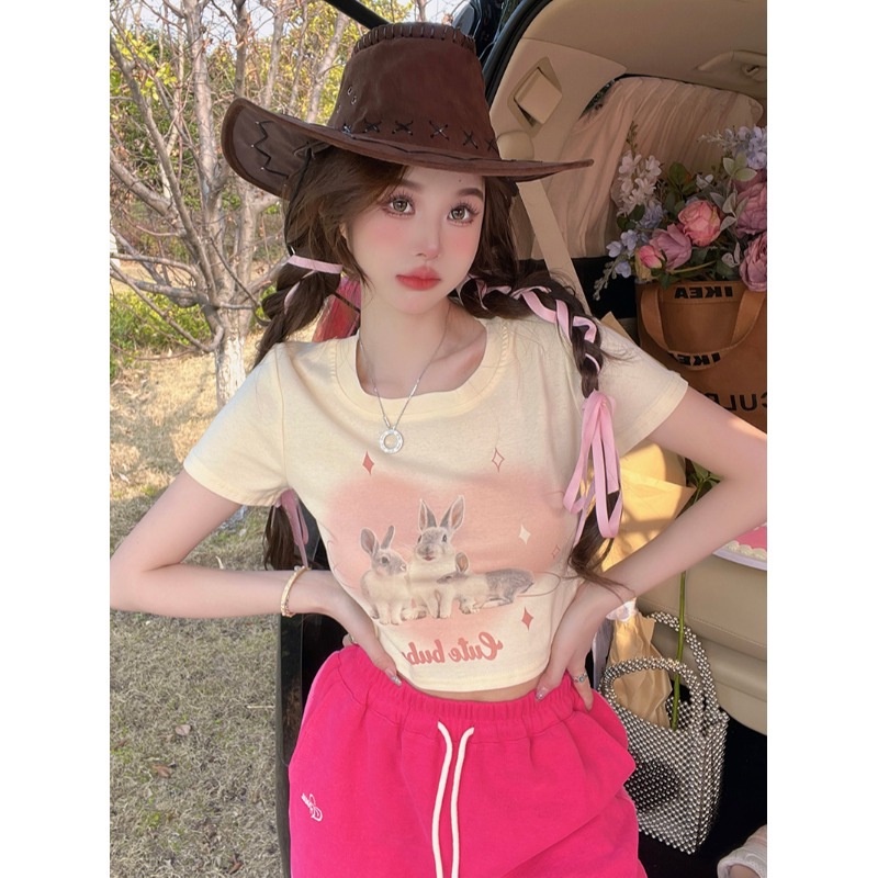 Áo Thun Tay Ngắn Hở Vai Màu Đen In Hình Thỏ Phong Cách Hàn Quốc Thời Trang Mùa Hè Cho Nữ