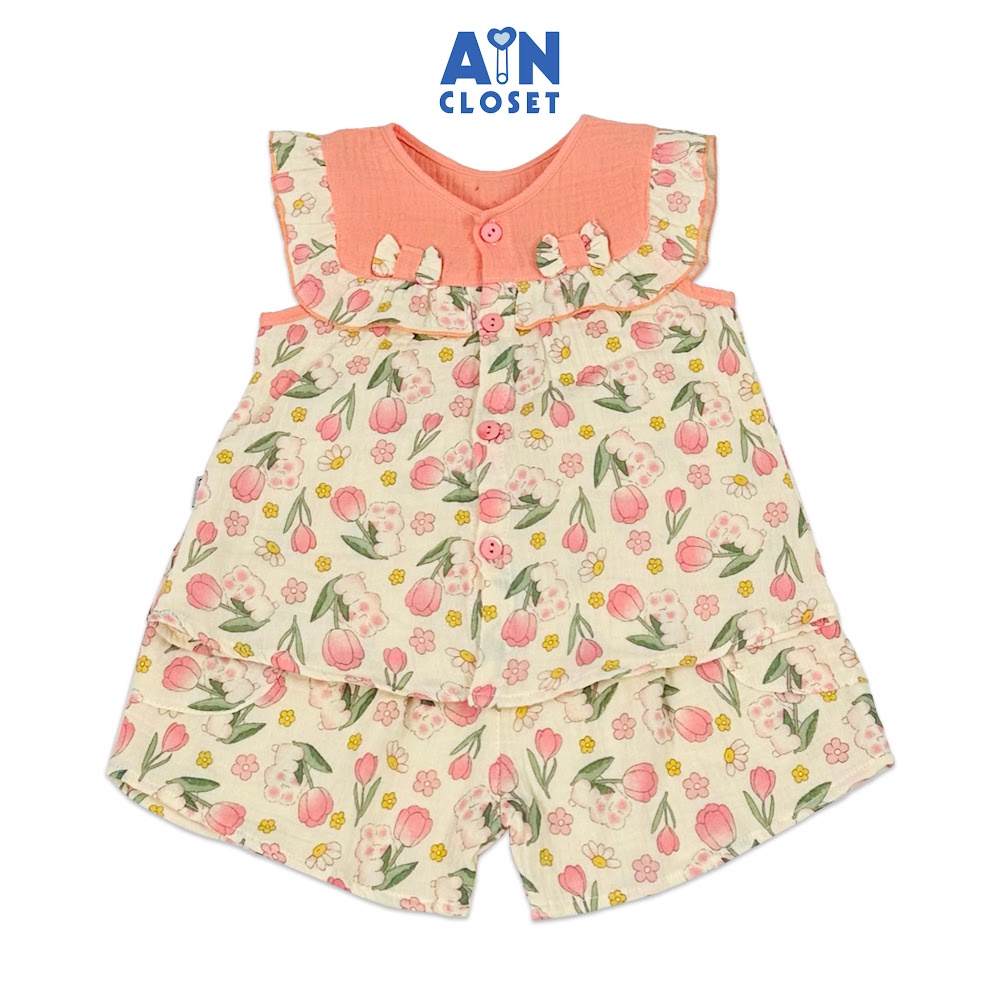 Bộ quần áo Ngắn bé gái họa tiết hoa Tulip Cure hồng xô muslin - AICDBT9ZCOYG - AIN Closet