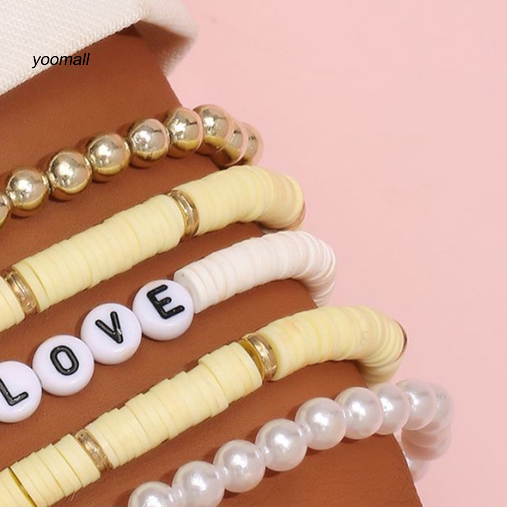 Set 5 Vòng Tay Hạt Đất Sét Polymer Nhiều Màu Sắc In Chữ Love Phong Cách Bohemian