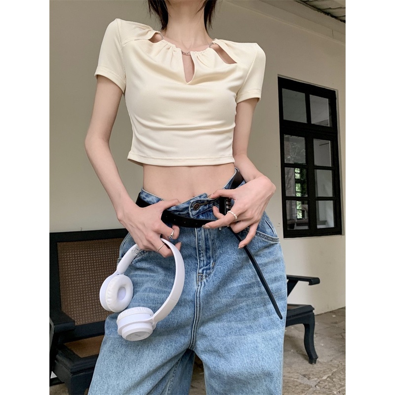 Áo Thun Lửng Tay Ngắn Phối Dây Xích Phong Cách Hàn Quốc Thời Trang Mùa Hè Cho Nữ