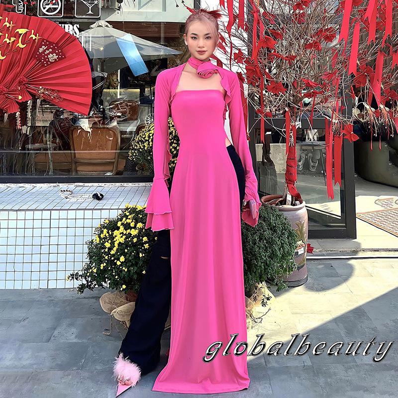 Gb-đầm Dài Mùa Hè Không Dây Xẻ Tà Bên Hông Với Vòng Cổ Bolero Shrug &amp; Hoa Hồng Cho Nữ