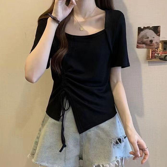 Áo Thun Tay Ngắn Cổ Vuông Thiết Kế Không Đồng Đều Phong Cách Mới Mùa Hè Cho Nữ