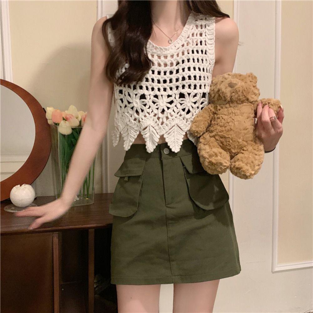Áo Croptop Dây Mảnh Mềm Mại Họa Tiết Hoa Khoét Rỗng Không Tay Cho Nữ