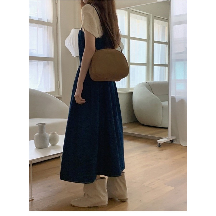 Bộ Áo Dệt Kim + Váy Yếm Denim Lưng Cao Thời Trang Mùa Hè Hàng Mới 2023 Dành Cho Bạn Nữ