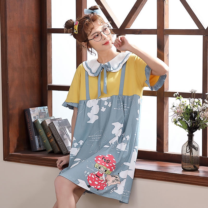 Đầm Ngủ 100% Cotton Tay Ngắn In Họa Tiết Hoạt Hình Dễ Thương Phong Cách Nhật Bản Cho Nữ