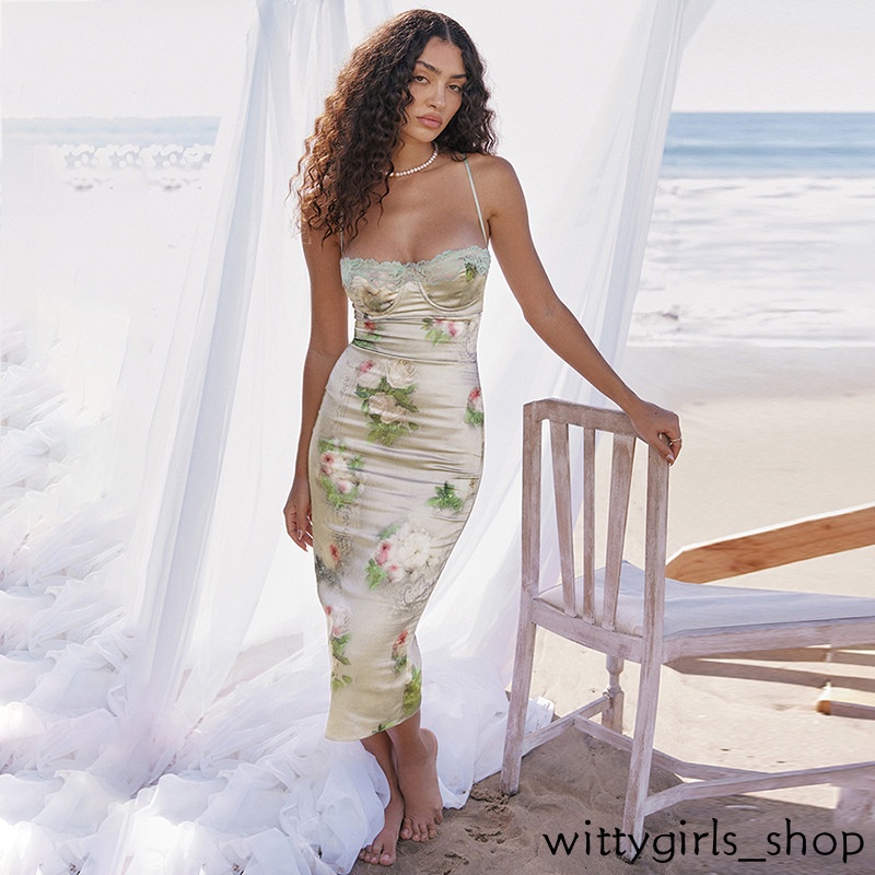 Cửa Hàng Wittygirls_ Shop | Đầm Ôm Cổ Yếm Phối Ren Hoa Thời Trang Mùa Hè Mới Cho Nữ