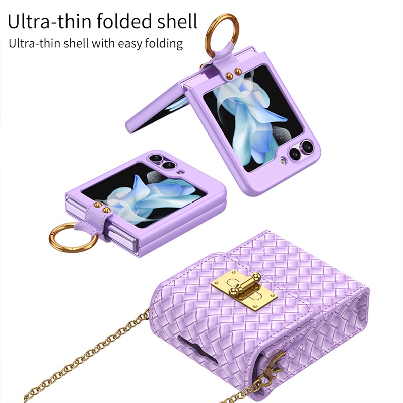 For Samsung Galaxy Z Flip 5 weave Leather mini Messenger Bag With Chain Hard case With Ring Shockproof Case fashion Bag