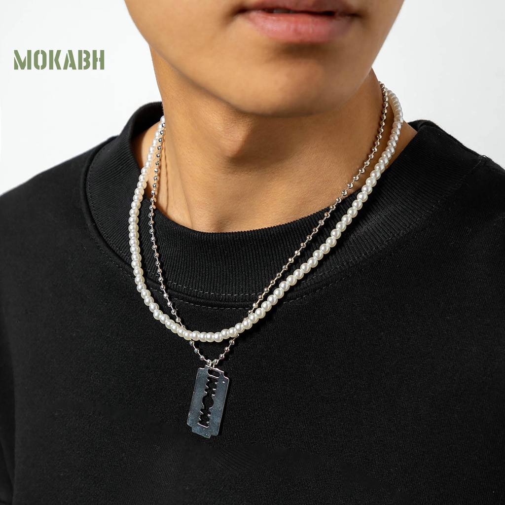 [Mok Abh] Vòng cổ Hai Lớp Đính Ngọc Trai Nhân Tạo Hình Học Có Thể Điều Chỉnh Thời Trang Dành Cho Nam