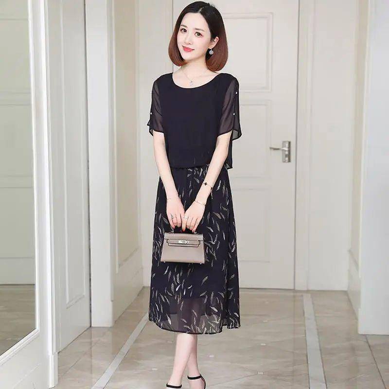 Đầm Voan Giả Hai Mảnh Mùa Hè Cao Cấp Thoải Mái In Họa Tiết Thanh Lịch Kích Thước Lớn Cho Nữ Trung Niên @