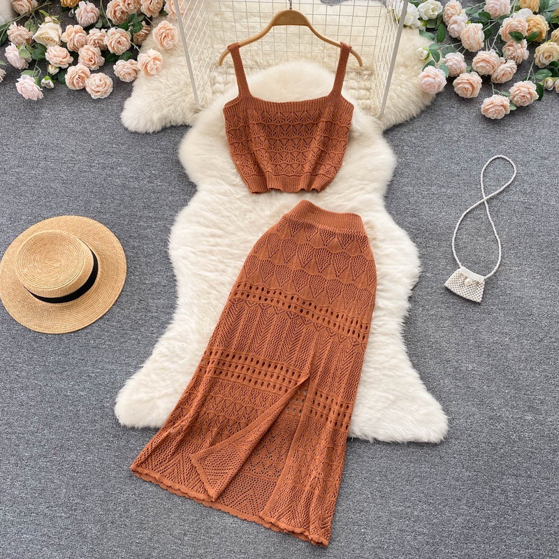 Set Áo Hai Dây Dệt Kim Phối Chân Váy Lưng Cao Xẻ Tà Thời Trang Mùa Hè Ngọt Ngào Cho Nữ