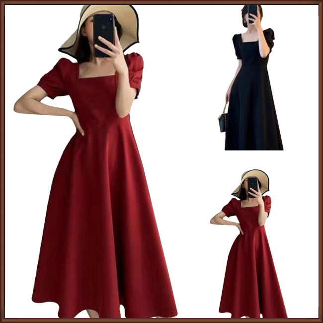 Đầm Midi Chữ A Tay Ngắn Cổ Vuông Màu Trơn Thanh Lịch Thời Trang Mùa Hè Dành Cho Nữ