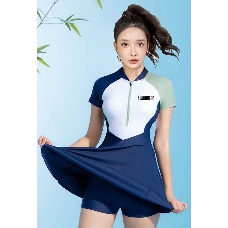 Đồ bơi nữ kín đáo tay ngắn CÓ MÚT CÓ SIZE-Bikini đi biển 2 mảnh có tay váy xoè- đồ bơi học sinh nữ AA7547