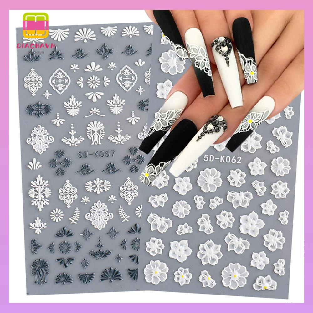 DIACHAVN Sticker Dán Móng Hoạ Tiết Ren Trắng Đen
