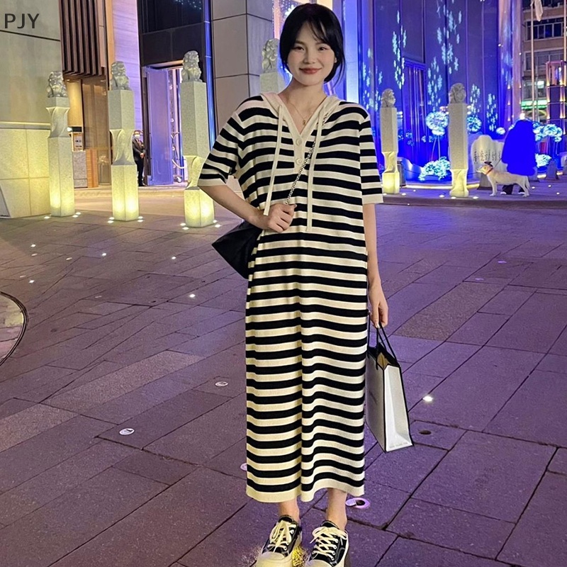 Đầm Dài Cổ Chữ V Kẻ Sọc Khối Màu PJY Thời Trang Mùa Hè Giản Dị Dành Cho Bạn Nữ