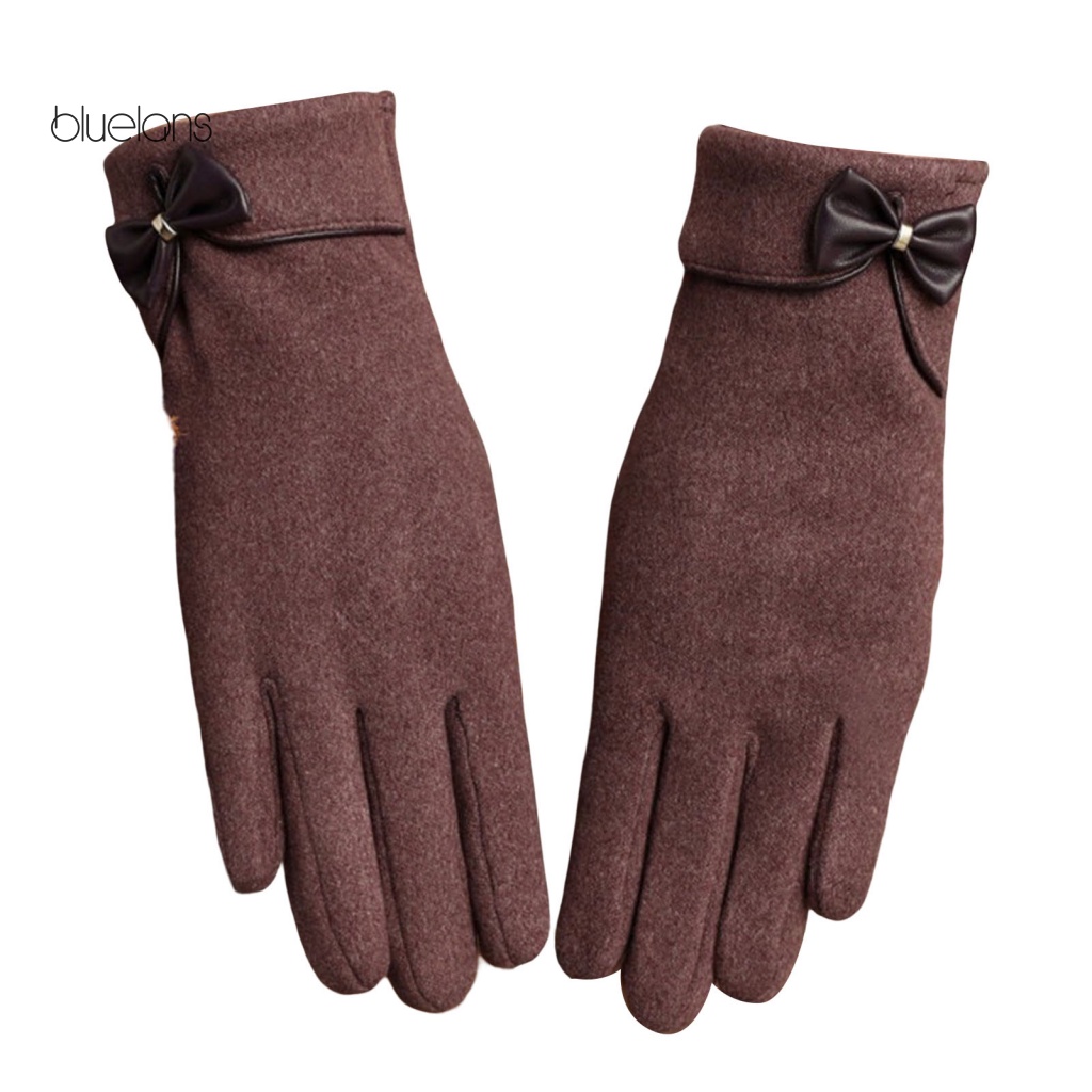 1 Đôi Găng Tay Lái Xe Vải Lông Cừu Dày Màu Trơn Trang Trí Nơ Có Thể Dùng Màn Hình Cảm Ứng